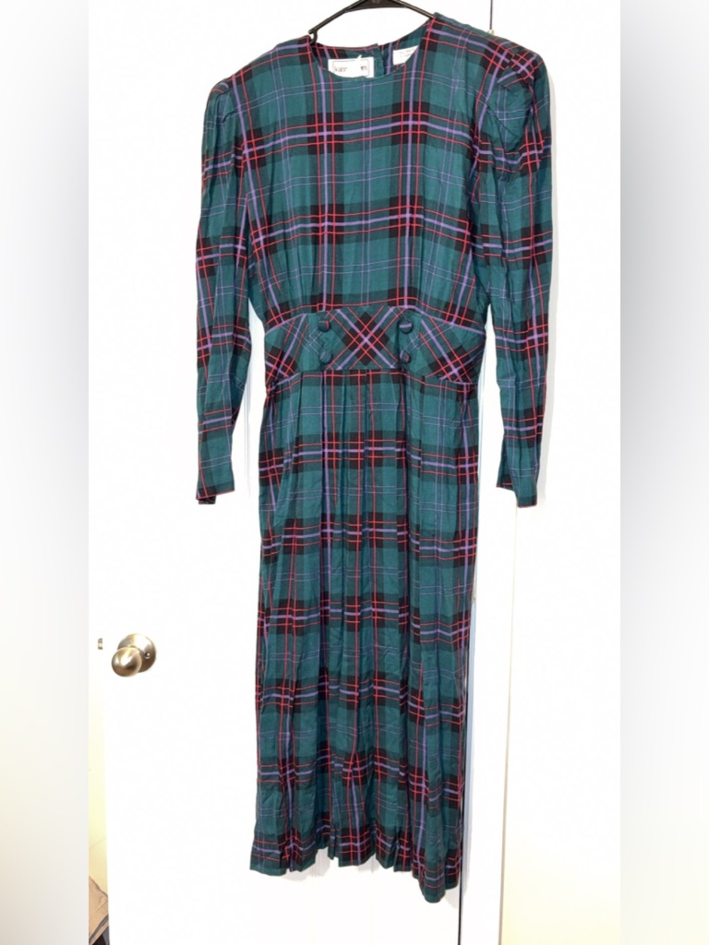 karin stevens Teal and Red Plaid Long Sleeve Maxi Dress